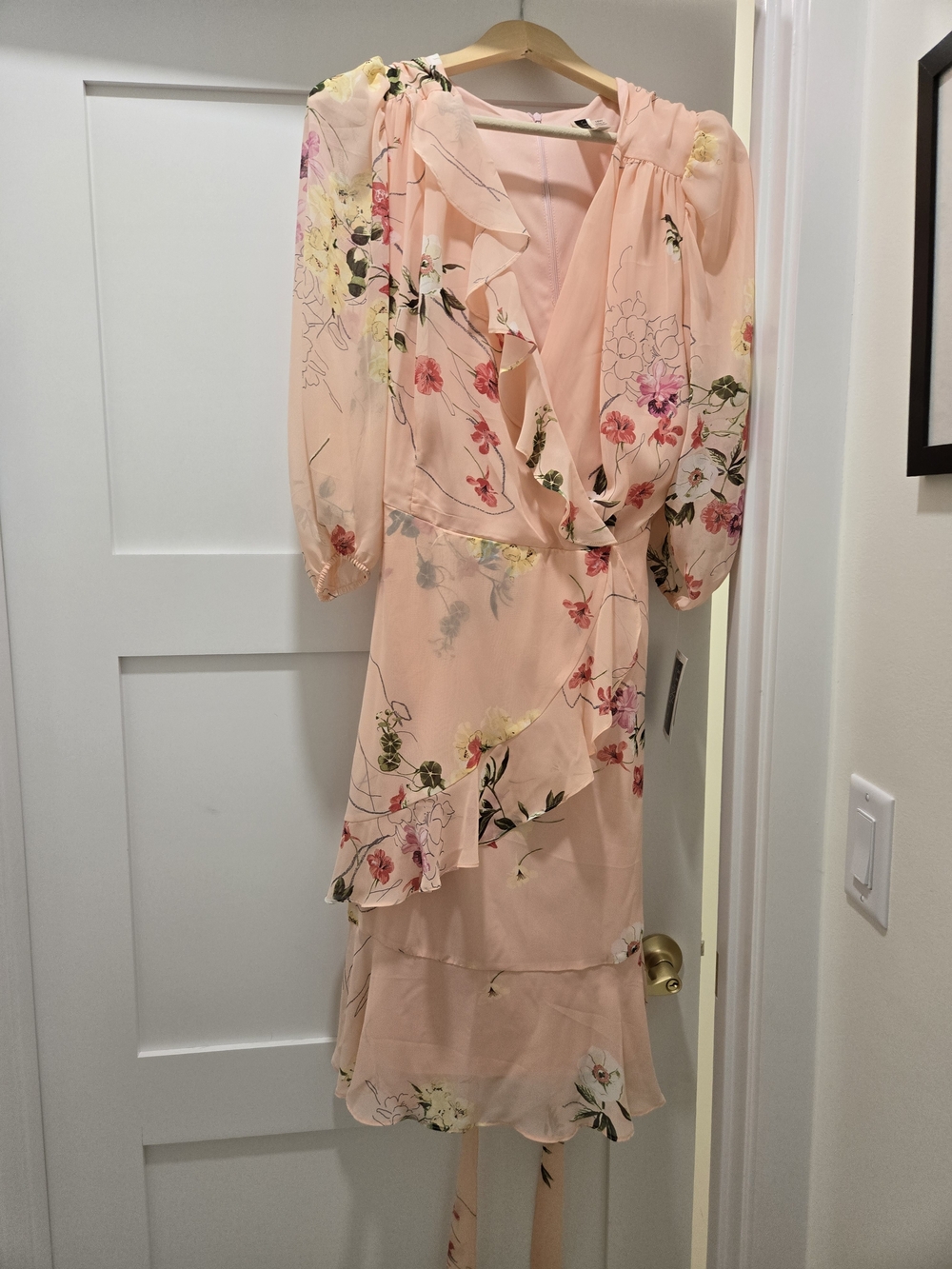 Julian Taylor Peach Floral Wrap Midi Dress